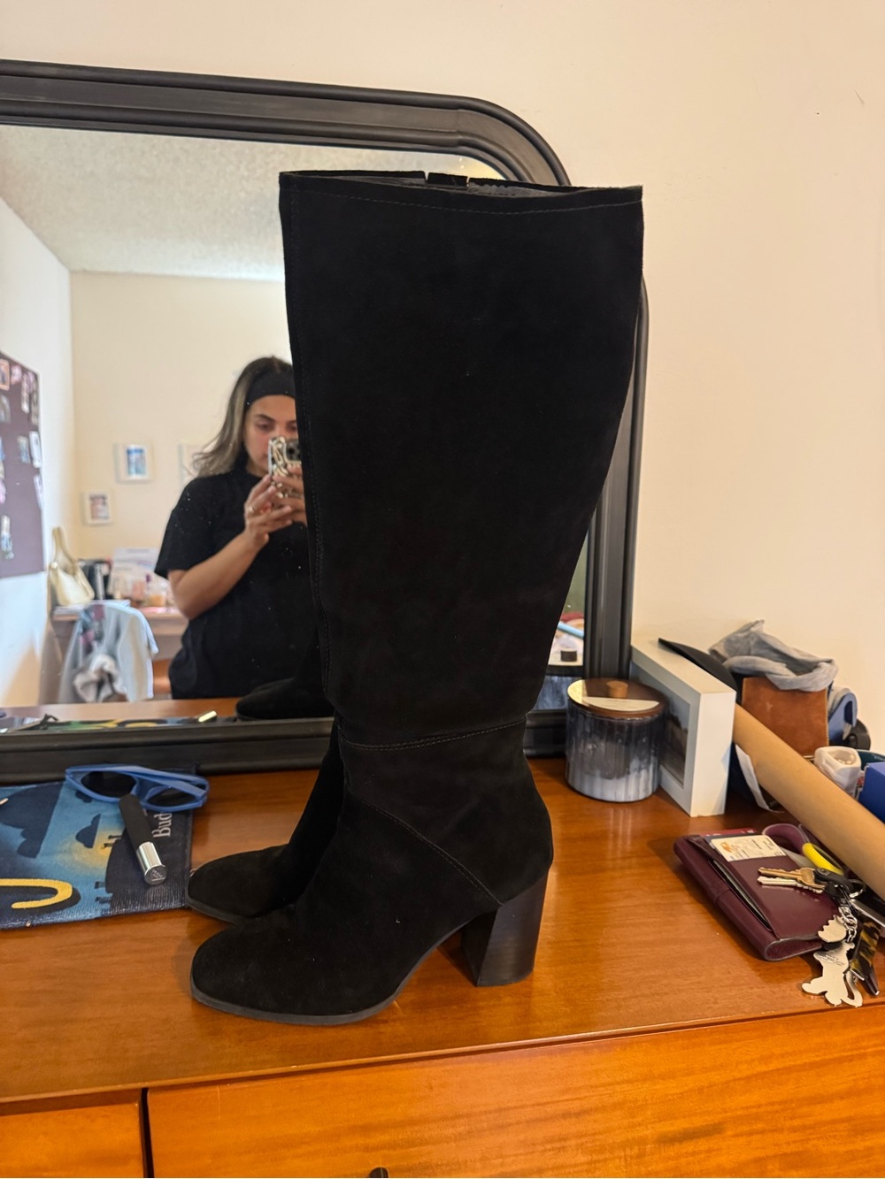 Dolce Vita Black Suede Knee-High Block Heel Boots